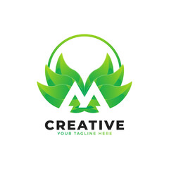 Nature Green Leaf Letter M Logo with Circle. monogram logo. Green Leaves Alphabet Icon. Usable for Business, Science, Healthcare, Medical and Nature Logos.Flat Vector Logo Desgn Template Element. 
