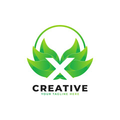 Nature Green Leaf Letter X Logo with Circle. monogram logo. Green Leaves Alphabet Icon. Usable for Business, Science, Healthcare, Medical and Nature Logos.Flat Vector Logo Desgn Template Element. 