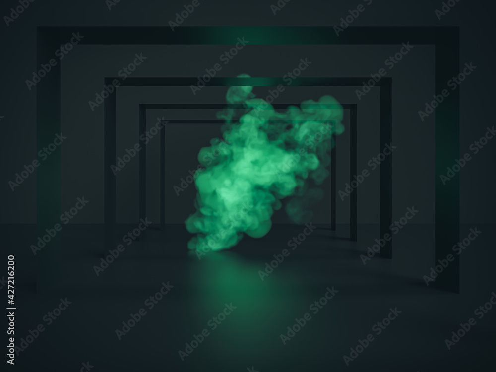 Poster abstract black stage backdrop with green smoke. 3d rendering.