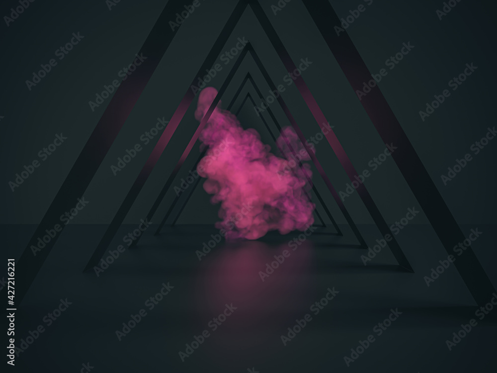 Poster abstract black stage backdrop with pink smoke. 3d rendering.
