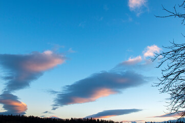 Fototapeta premium Panorama of dawn fire in the sky above the natural pasture. Golden red clouds just before sunrise. Picturesque landscape at sunrise. Beauty in nature