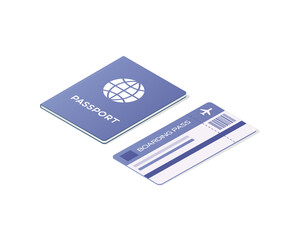 Air travel. National passport and plane ticket. Colored isometric vector illustration. Isolated on white background.