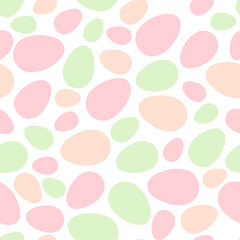 Happy Easter seamless pattern with colorful eggs on white background. Polka dots design for card, postcard, wallpaper, posters. Vector stock illustration. Cartoon style.