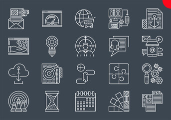 SEO Line Icons Set. SEO Related Vector Line Icons. Website and APP Design and Development. Simple Mono Line Pictogram Pack. Stroke Vector Logo Concept, Web Graphic. Vector icons. Editable Stroke.