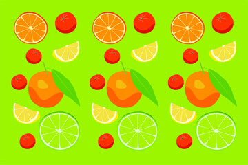 pattern fruit set assorted banana lemon citrus apple tangerine orange pomegranate on a green background