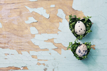 Easter quail eggs in moss and grass on old wooden background. Happy Easter holiday hunt. Selective focus. Spring concept. Flat lay.