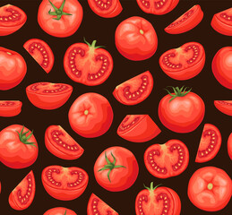 Tomatoes seamless pattern on a black background. Red ripe tomatoes with a green stem. Great for menus, labels, packaging.