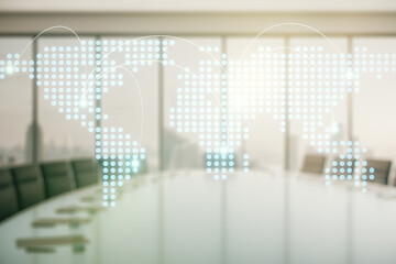 Obraz premium Abstract virtual world map with connections on a modern conference room background, international trading concept. Multiexposure