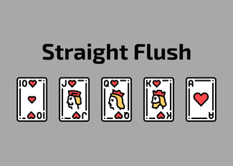 Combination straight flush playing cards olor line icon set. Gambling. Pictograms for web page, mobile app, promo.