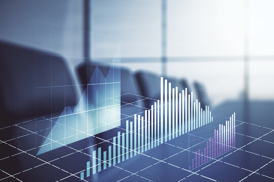 Multi exposure of abstract virtual financial graph hologram on a modern conference room background, forex and investment concept