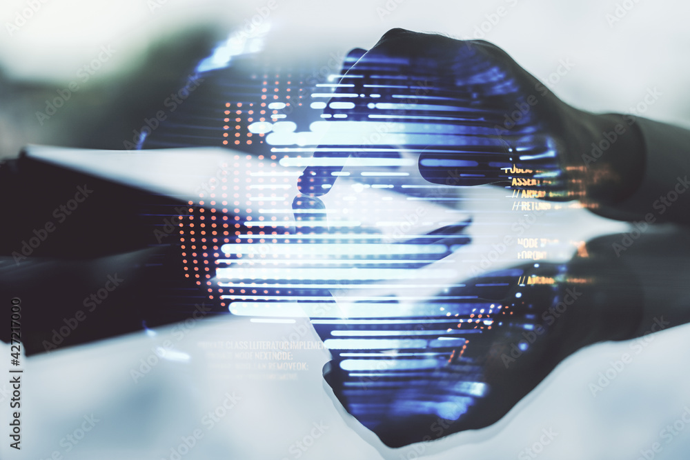 Poster double exposure of abstract creative programming illustration with world map and finger clicks on a 