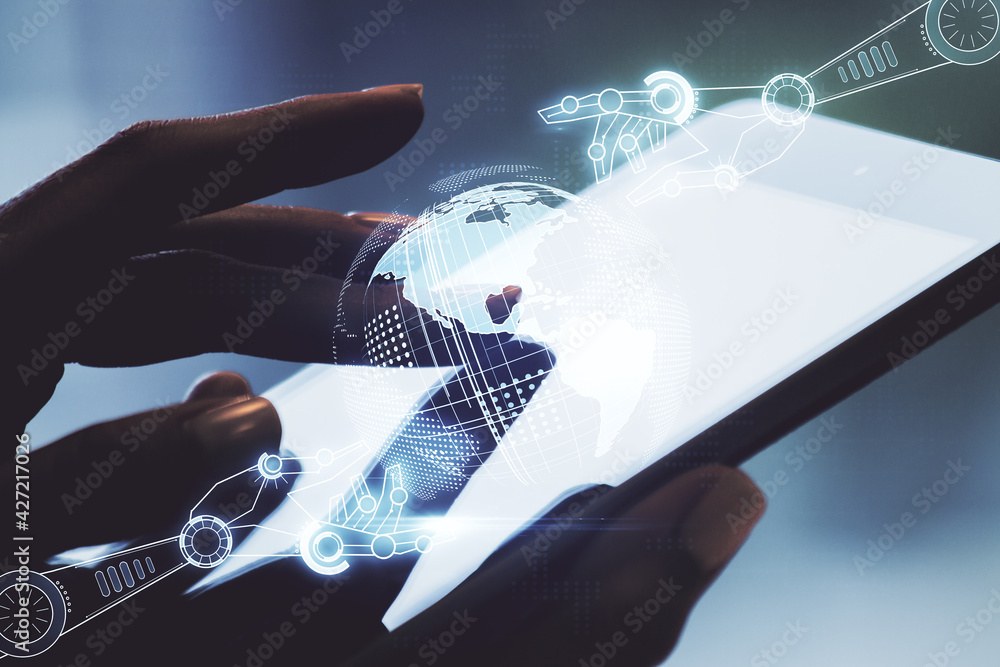 Aufkleber double exposure of robotics technology with world map hologram and finger clicks on a digital tablet