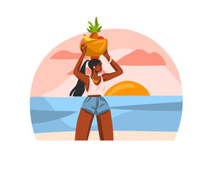 Hand drawn vector abstract stock graphic illustration with young happy black afro american beauty female, carries a basket of fruit on his head on beach scene cafe isolated on white background