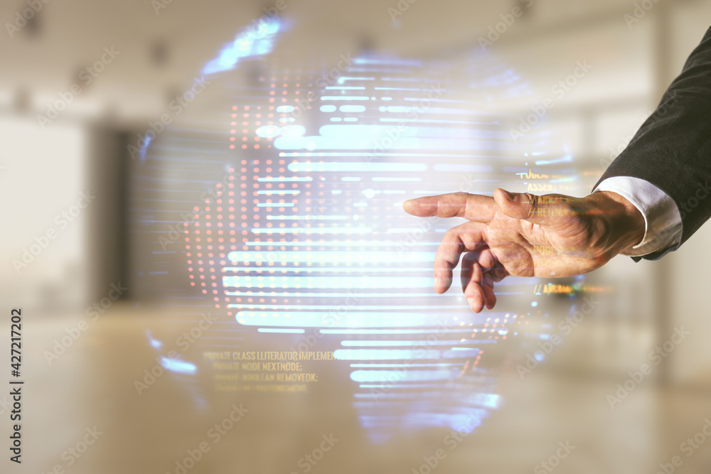 Poster man hand working with abstract virtual coding concept and world map on blurred office background. mu