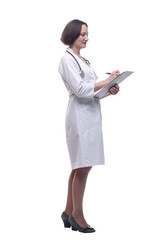 serious woman doctor writing a prescription. isolated on a white background.