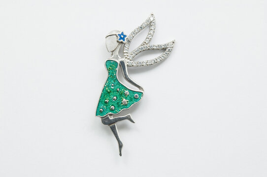 Green dress lady silver gems brooch