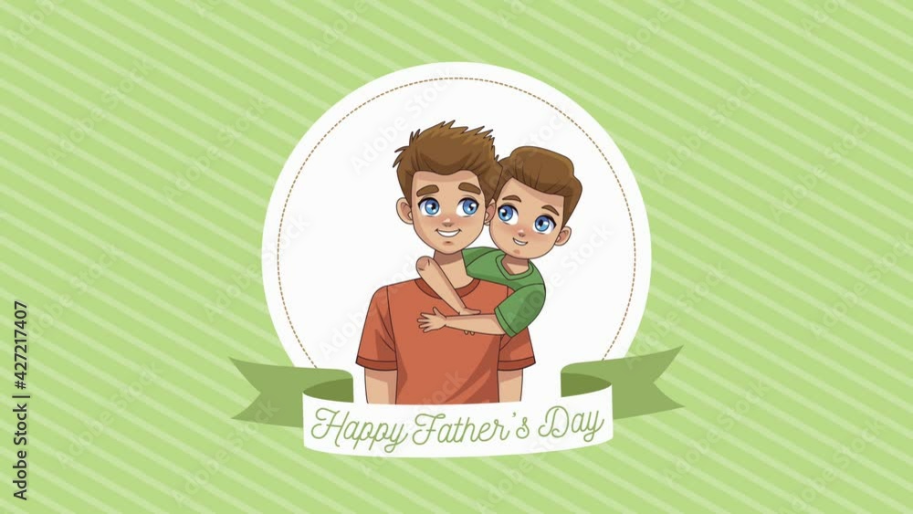 Poster happy fathers day lettering in ribbon with father and son