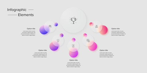 Business process chart infographics with 5 step circles. Circular corporate workflow graphic elements. Company flowchart presentation slide. Vector info graphic in glassmorphism design.