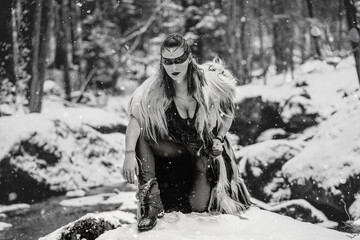 Fototapeta na wymiar viking girl with leather fur clothes