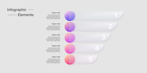 Business process chart infographics with 5 step circles. Circular corporate workflow graphic elements. Company flowchart presentation slide. Vector info graphic in glassmorphism design.