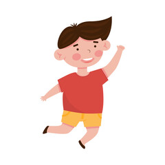 Cute little smilinng boy in the red t-shirt jumping. Cartoon vector illustration, isolated on a white