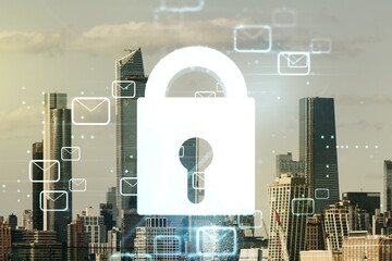 Abstract virtual lock symbol and postal envelopes illustration on New York city skyline background. Protection and firewall concept. Multiexposure