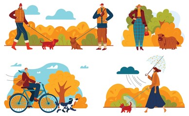 Fall park, dog nature walk, leaves fly tree, walking girl, riding great animal, design, in cartoon style vector illustration.