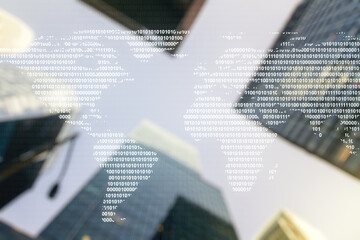 Multi exposure of abstract creative digital world map hologram on modern skyscrapers background, research and analytics concept