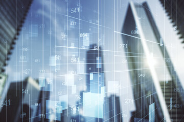 Double exposure of abstract creative statistics data hologram on blurry cityscape background, analytics and forecasting concept