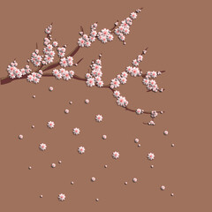 3D pink cherry blossoms on a branch. Stylish creative wallpaper