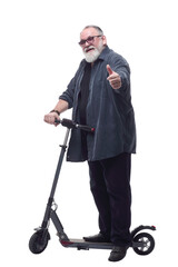 bearded man with an electric scooter looking at you.