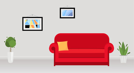 Interior of modern office with red sofa, abstract paintings and plants.