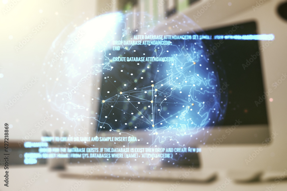 Poster abstract creative coding illustration with world map and modern desktop with pc on background, inter