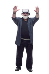 bearded man wearing virtual reality glasses . isolated on a white background.