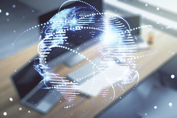 Abstract graphic digital world map with connections and modern desktop with pc on background,...