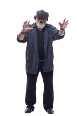 bearded man wearing virtual reality glasses . isolated on a white background.