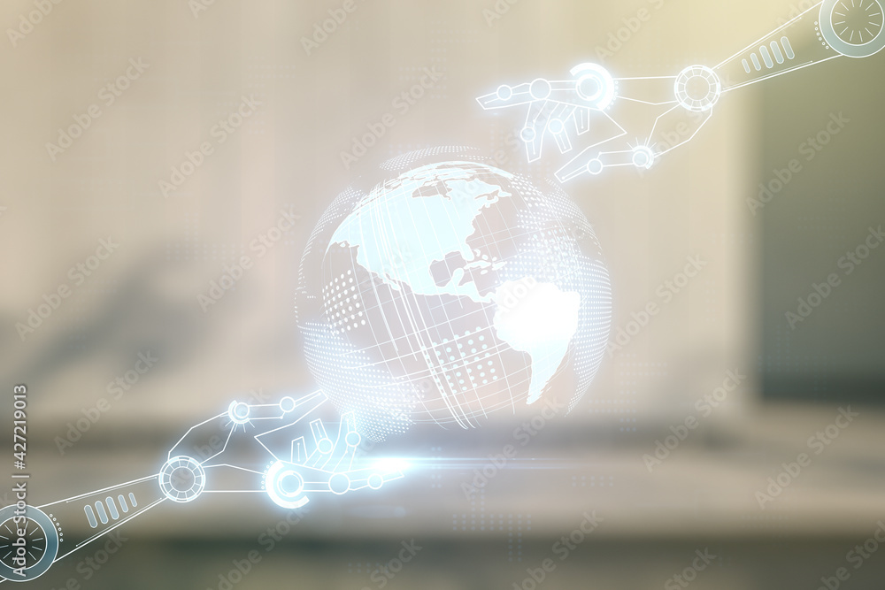 Aufkleber double exposure of abstract virtual robotics technology with world map hologram on modern business c