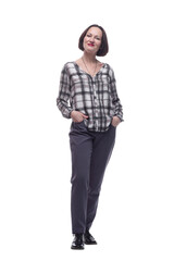 attractive mature woman in trousers and plaid shirt .