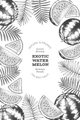 Watermelon and tropical leaves design template. Hand drawn vector exotic fruit illustration. Engraved style fruit frame. Retro botanical banner.