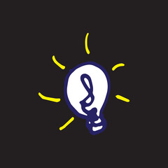 bulb icon on dark background. ligh bulb, symbol for energy, strategy, idea and solution. hand drawn vector. bulb with blue, yellow and white color. doodle art for logo, label, poster, banner, clipart.