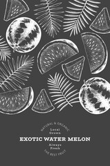 Watermelon and tropical leaves design template. Hand drawn vector exotic fruit illustration on chalk board. Retro style fruit frame.