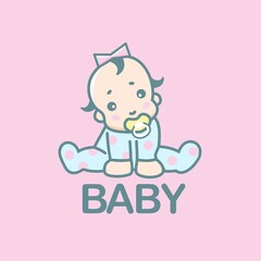 Vector Illustration of Cartoon Baby sitting with pacifiers on the pink background.