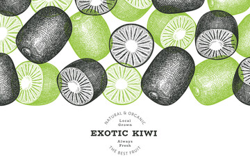 Hand drawn sketch style kiwi banner. Organic fresh fruit vector illustration. Retro kiwi fruit design template