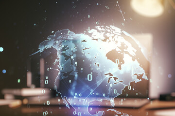 Abstract creative coding concept with world map on modern laptop background. Multiexposure