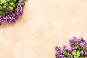 Purple spring flowers background. Lilac branches flat lay