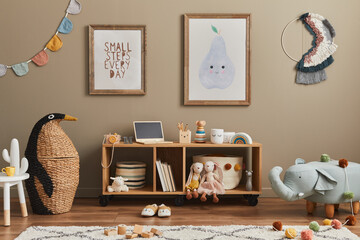 Stylish scandinavian kid room interior with toys, teddy bear, plush animal toys, mint pouf,...