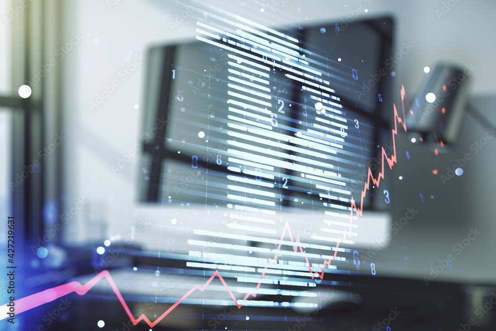 Poster creative bitcoin concept with modern computer background. double exposure