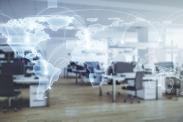 Abstract graphic digital world map hologram with connections on a modern furnished classroom background, globalization concept. Multiexposure