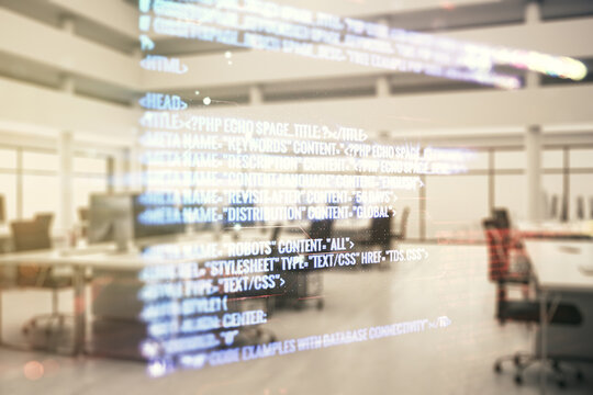 Multi exposure of abstract creative coding sketch on a modern furnished office background, artificial intelligence and neural networks concept
