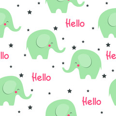 Seamless pattern with elephants, stars and hello lettering. 